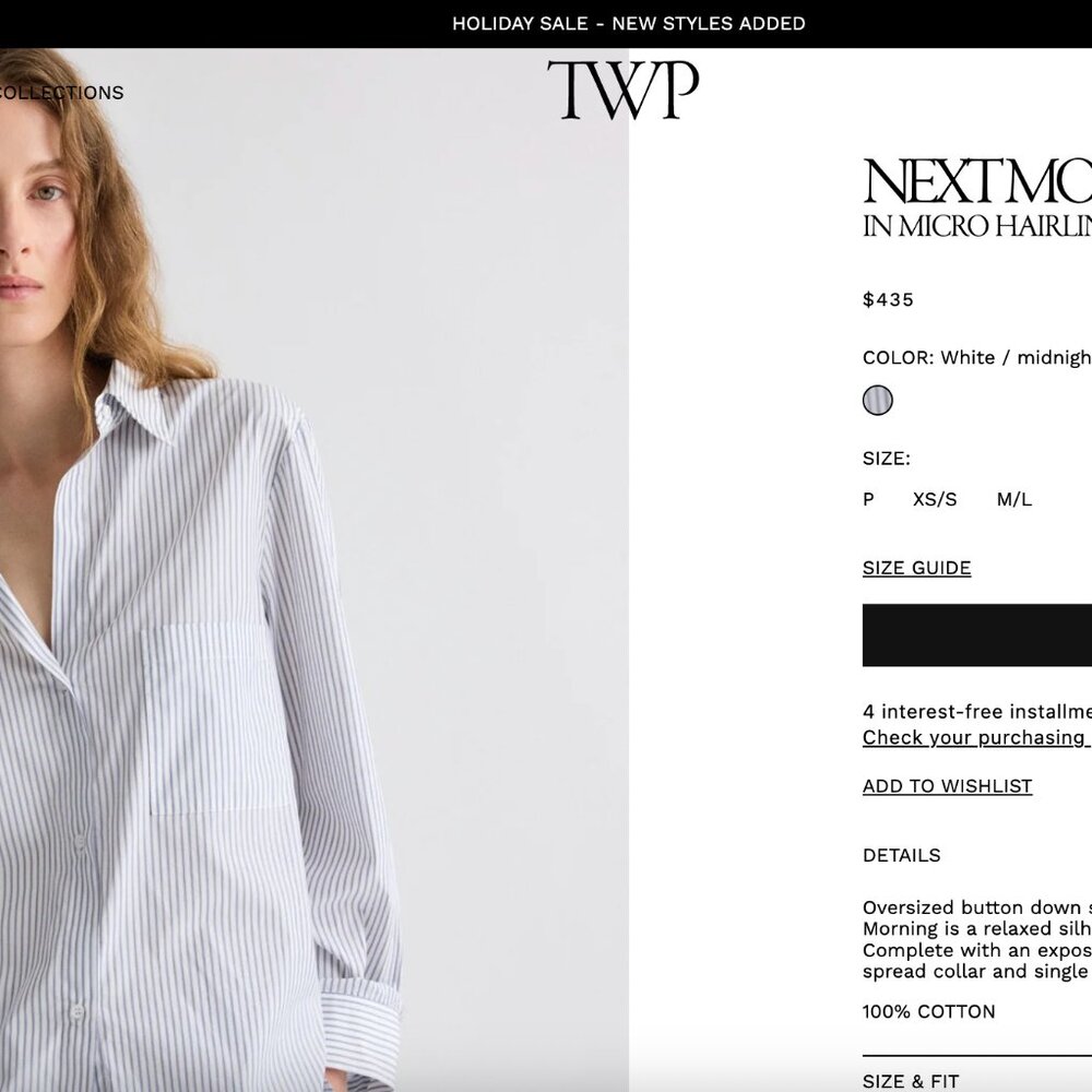 TWP Next Morning Shirt in Micro Hairline Stripe, Size XS/S